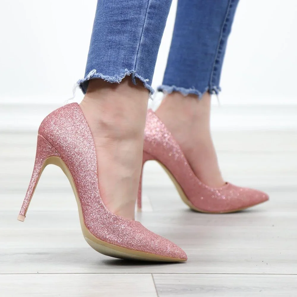 Pink Glitter Heels Pointed Toe Slip On Sparkly High Heel